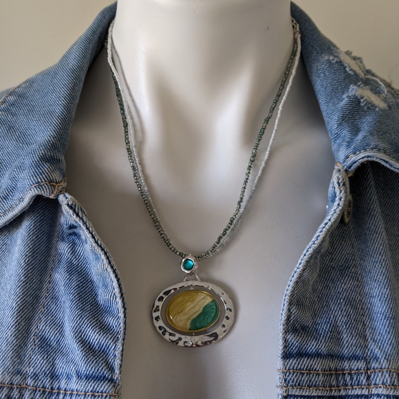 Orbit Interchangeable Pendant Hammered Silvertone Dual Strand Statement Necklace - Picture 3 of 5